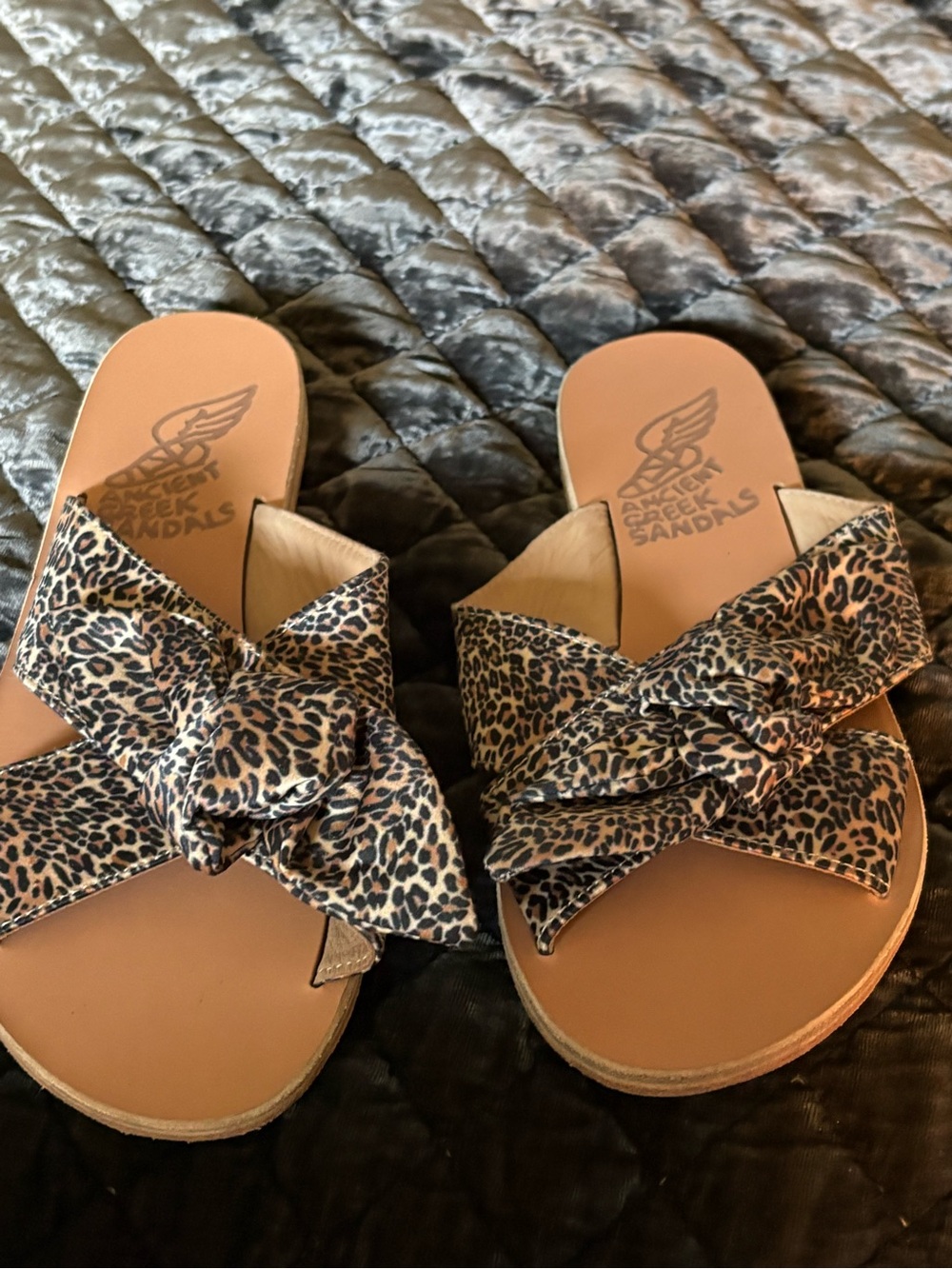 Ancient Greek Sandals Leopard Print Bow Slides - Tan/Brown